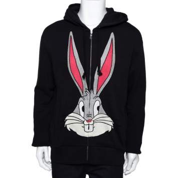 Pre Owned Gucci Black Bugs Bunny Embroidered Cotton Zip Up Sweatshirt M