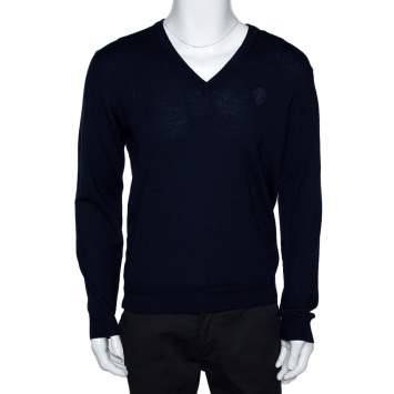 Pre Owned Gucci Navy Blue Wool Hysteria Crest V-Neck Sweater M