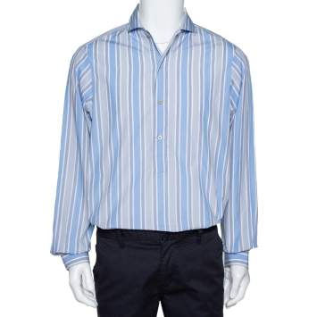 Pre Owned Gucci Blue Striped Cotton Oversized Half Placket Shirt S