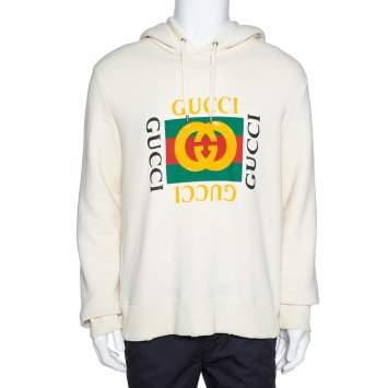 Pre Owned Gucci Cream Vintage Logo Print Cotton Distressed Hoodie M