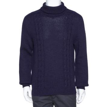 Gucci Navy Blue Cashmere Wool Logo Embroidered Roll Neck Sweater M