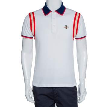 Pre Owned Gucci White Stretch Cotton Bee Appliqued Polo T-Shirt M