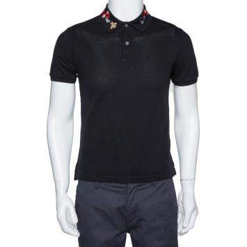 Pre Owned Gucci Black Stretch Cotton Snake Embroidered Collar Polo T-Shirt M