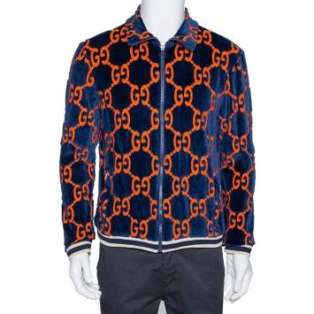 Pre Owned Gucci Bicolor GG Patterned Velour Zip Front Jacket M