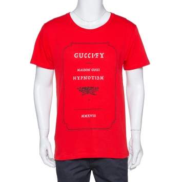 Pre Owned Gucci Red Cotton Guccify Logo Print Crew Neck T Shirt S