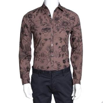Pre Owned Gucci Deep Taupe Floral Print Cotton Skinny Fit Shirt XS