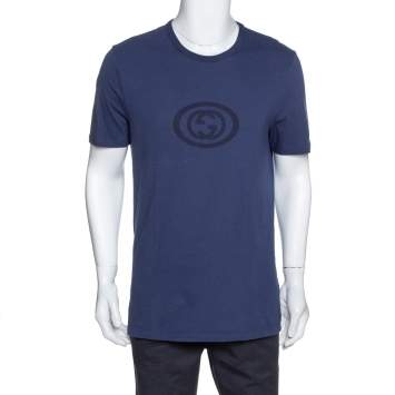 Pre Owned Gucci Navy Blue Logo Print Cotton Crew Neck T-Shirt XXL