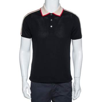 Pre Owned Gucci Black Cotton Pique Webstripe Logo Detail Polo T Shirt M