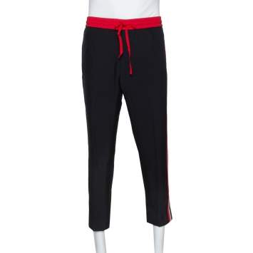 Pre Owned Gucci Black Synthetic Side Logo Trim Jogger Pants L