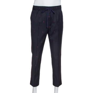Pre Owned Gucci Navy Wool Gabardine Bees Embroidered Trousers S