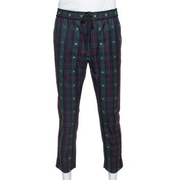 Pre Owned Gucci Green Tartan Check Wool Bee Motif Cropped Trousers S