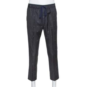 Pre Owned Gucci Grey Wool Bee & Heart Motif Drawstring Waist Trousers S