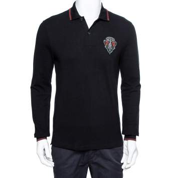Pre Owned Gucci Equestrian Black Cotton Pique Long Sleeve Polo T-Shirt M