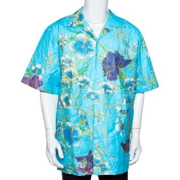 Pre Owned Gucci Blue Floral Print Paper Effect Oversized Bowling Shirt XS