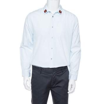Pre Owned Gucci Light Blue Cotton Bee Appliqued Collar Slim Fit Shirt XL