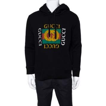 Pre Owned Gucci Black Cotton Rib Knit Logo Print Hoodie Sweatshirt M