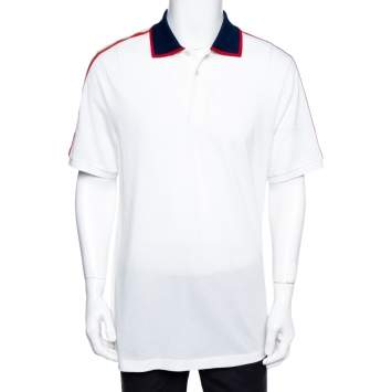 Pre Owned Gucci White Cotton Pique Logo Band Trim Polo T-Shirt XXXL