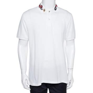 Pre Owned Gucci White Cotton Pique Snake Embroidered Collar Polo T-Shirt XXXL