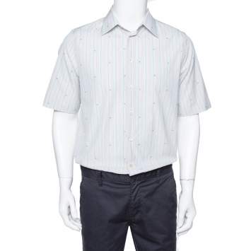 Pre Owned Gucci Pale Green Striped Cotton G Detail Short Sleeve Shirt M