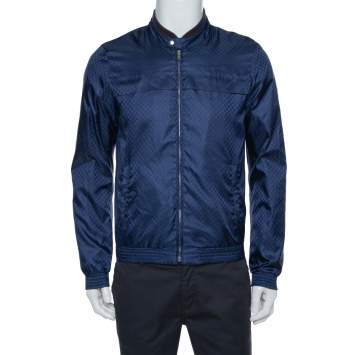 Pre Owned Gucci Navy Blue GG Monogram Pattern Bomber Jacket S