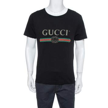 Pre Owned Gucci Black Logo Printed Cotton Distressed Crewneck T Shirt S