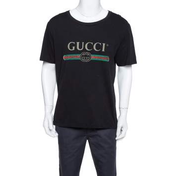 Pre Owned Gucci Black Cotton Washed Out Effect Logo Printed Crewneck T Shirt L