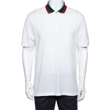 Pre Owned Gucci White Cotton Pique Contrast Collar Detail Polo T-Shirt XXL 