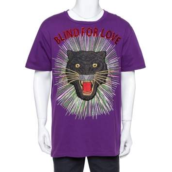 Pre Owned Gucci Purple Cotton Sequin Embellished Tiger Applique Blind For Love T Shirt L