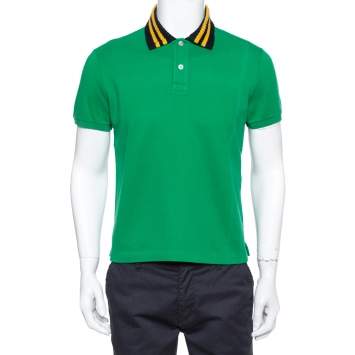 Pre Owned Gucci Green Pique Knit Contrast Collar Detail Polo T Shirt M