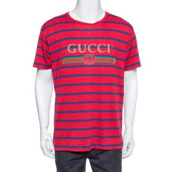 Pre Owned Gucci Red & Blue Striped Linen Knit Logo Printed Oversized T Shirt S