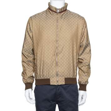 Pre Owned Gucci Brown Synthetic Logo Monogram Web Print Bomber Jacket M