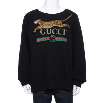 Pre Owned Gucci Black Logo Printed Cotton Leopard Applique Detail Sweatshirt XXL