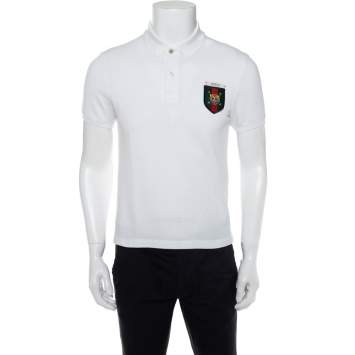 Pre Owned Gucci White Cotton Pique Crest Applique Detail Polo T-Shirt S