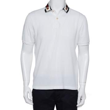 Pre Owned Gucci White Cotton Pique Web Trim & Feline Head Collar Detail Polo T-Shirt L