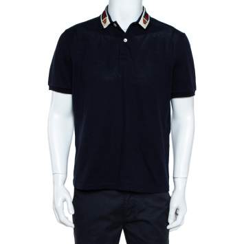 Pre Owned Gucci Navy Blue Cotton Pique Web Trim & Feline Head Collar Detail Polo T-Shirt L