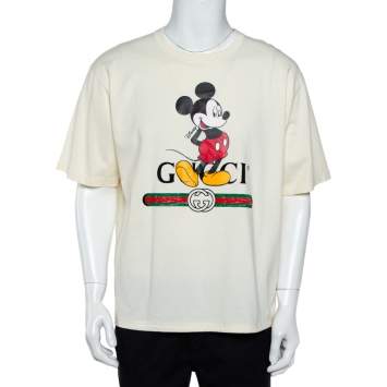 Pre Owned Gucci X Disney Cream Logo Printed Cotton Crewneck Oversized T-Shirt XXL