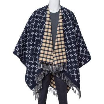 Pre Owned Gucci Navy Blue/Checkered  Logo Jacquard Wool Fringed Reversible Poncho (One Size)