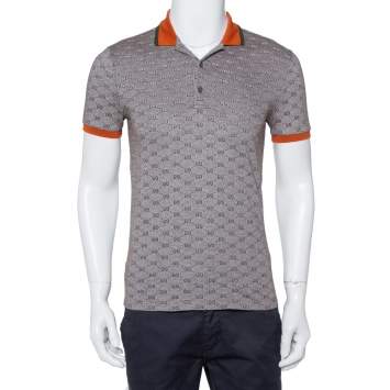 Pre Owned Gucci Brown GG Print Cotton Contrast Collar Skinny Fit Polo Shirt S