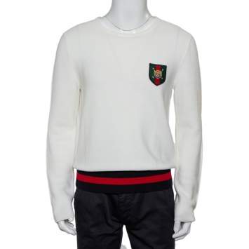 Pre Owned Gucci White Cotton Knit Tiger Crest Applique Jumper L