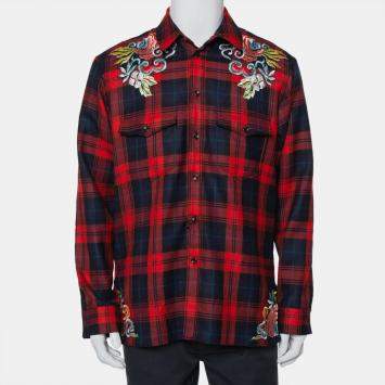 Gucci Red Tartan Plaid Floral and Dragon Embroidered Wool Shirt M