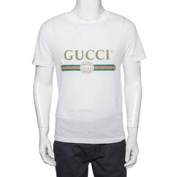 Pre Owned Gucci White Washed Cotton Logo Printed Oversized Crewneck T-Shirt XS