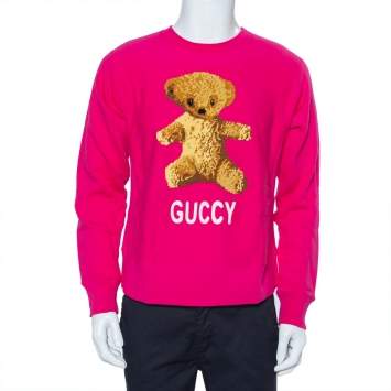 Pre Owned Gucci Pink Cotton Teddy Bear Applique Crewneck Sweatshirt S