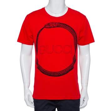 Pre Owned Gucci Red Logo Printed Cotton Distressed Crewneck T-Shirt S