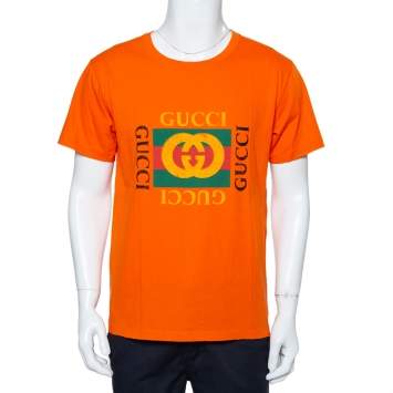 Pre Owned Gucci Orange Logo Printed Cotton Distressed Crewneck T-Shirt S