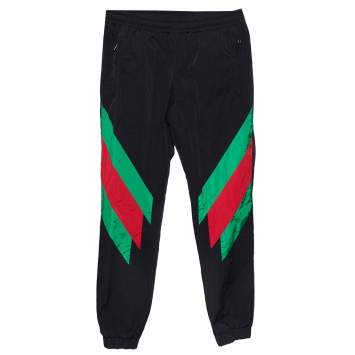 Pre Owned Gucci Black Web Stripe Printed Synthetic Joggers XS