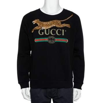 Pre Owned Gucci Black Logo Printed Cotton Leopard Applique Detail Sweatshirt S