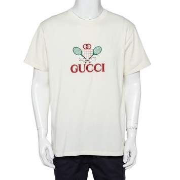 Pre Owned Gucci Cream Cotton Tennis Logo Embroidered Oversized Crewneck T-Shirt L