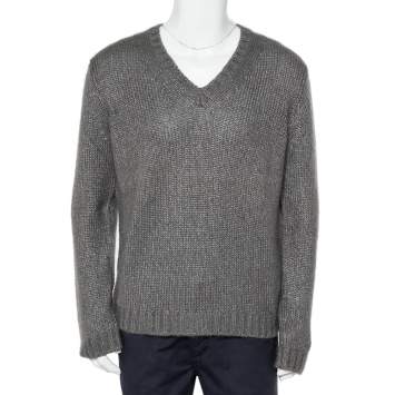 Pre Owned Gucci Grey Silk & Mohair Cable Knit V-Neck Sweater XL