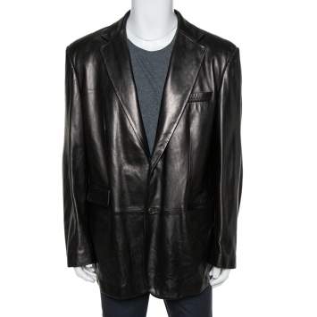 Pre Owned Gucci Brown Leather Button Front Blazer 3XL