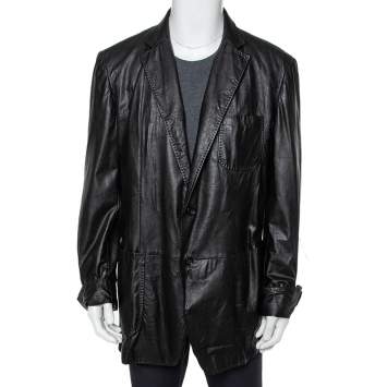 Pre Owned Gucci Black Leather Button Front Blazer 3XL 